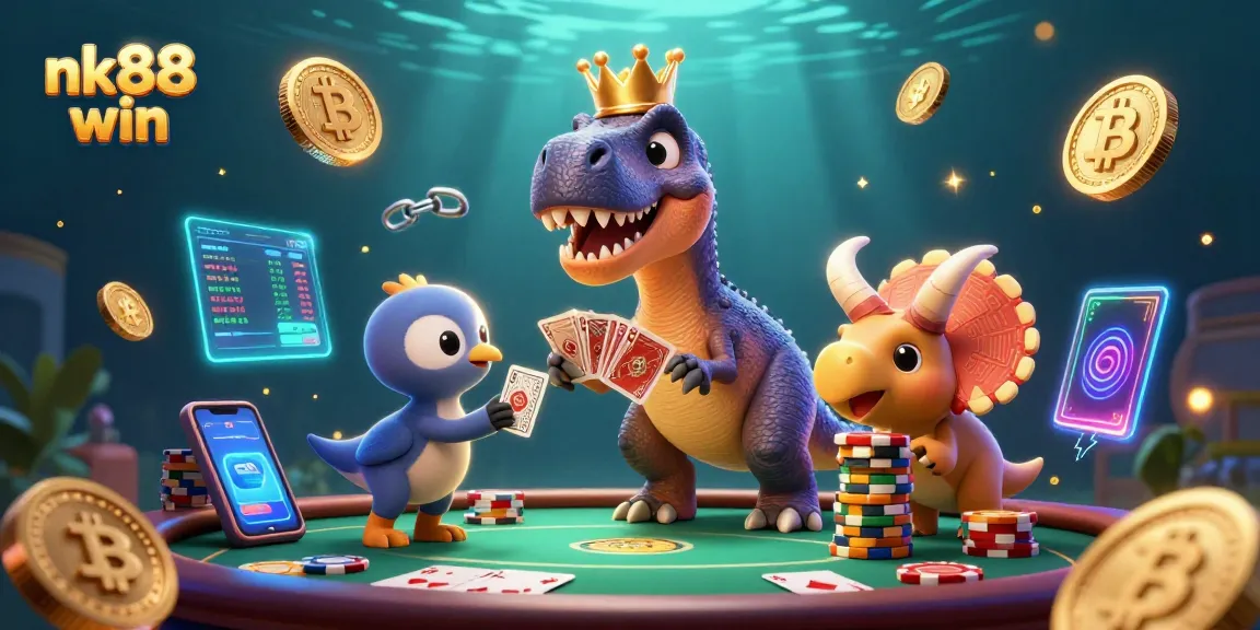 Experience the excitement of nk88 win with characters playing cards and stacking chips in a vibrant casino scene.