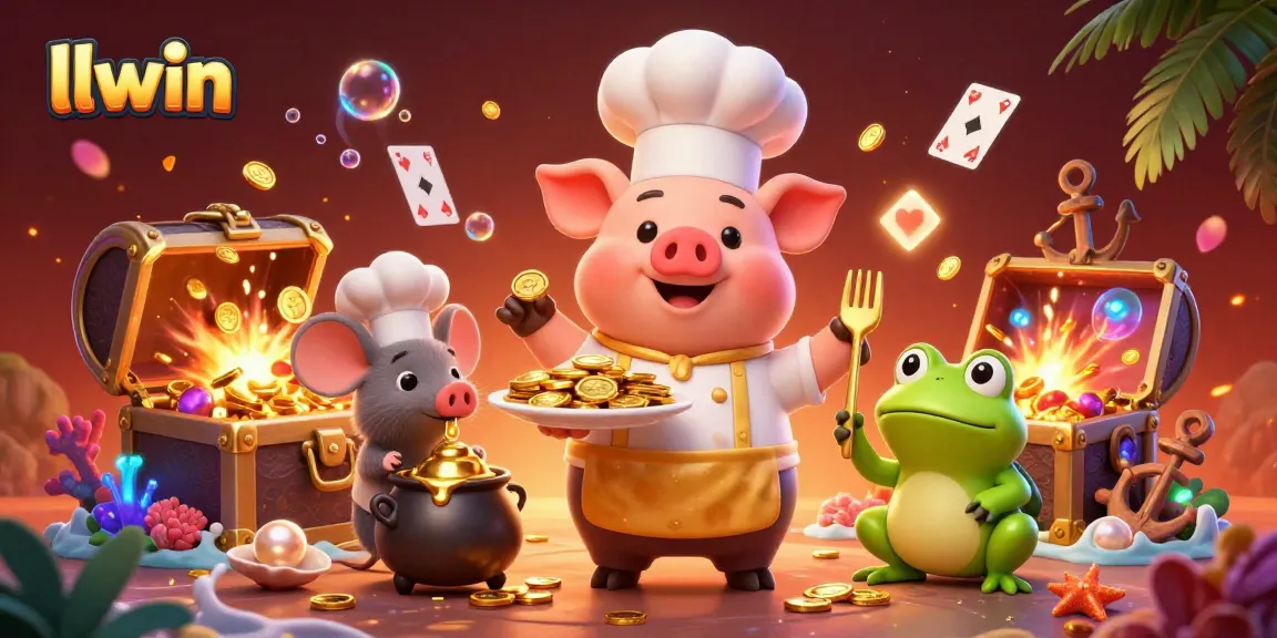 llwin offers vibrant casino illustration featuring a chef pig serving gold coins amidst dynamic game elements.