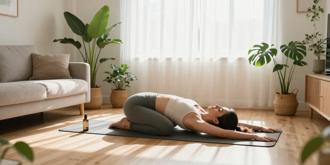 Ministry of Cannabis wellness scene with CBD oil and yoga practice, promoting natural relaxation and health.