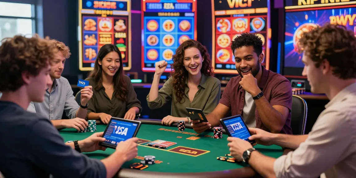 Players enjoying games at casinos that accept credit cards, celebrating wins with vibrant digital graphics.