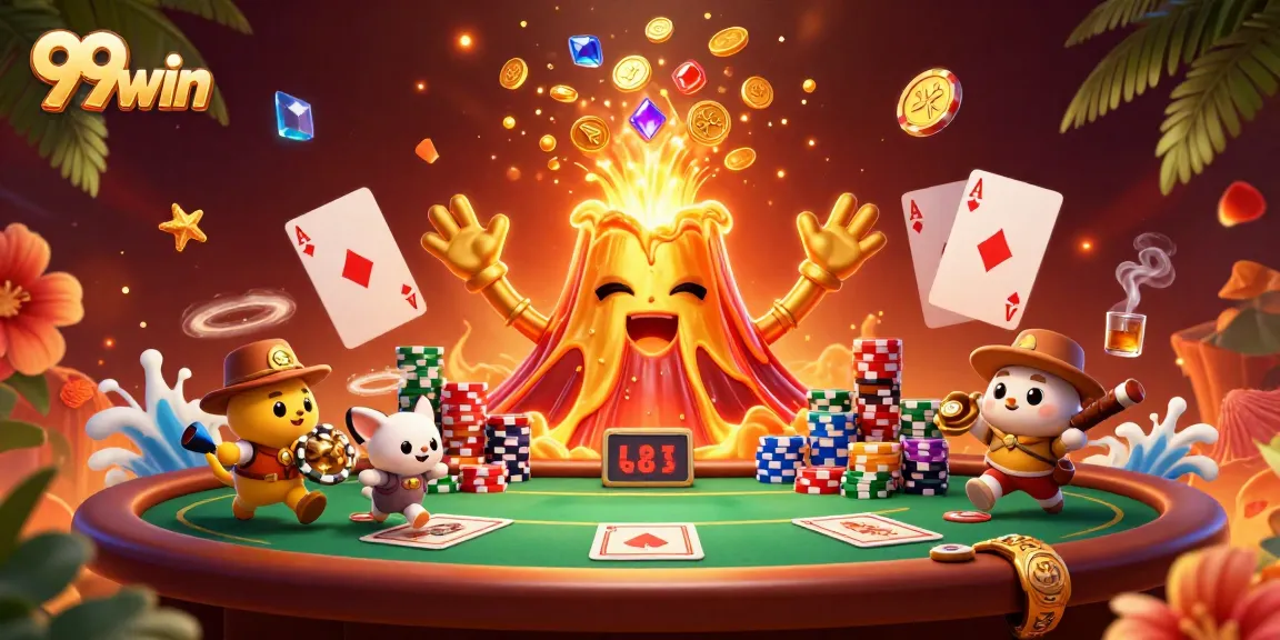 Experience thrilling wins with 99win’s vibrant casino scene featuring a volcano erupting treasures.