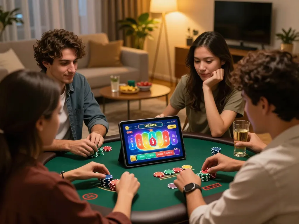 Friends enjoying a game bài at home, showcasing strategy and excitement in cozy evening gaming.