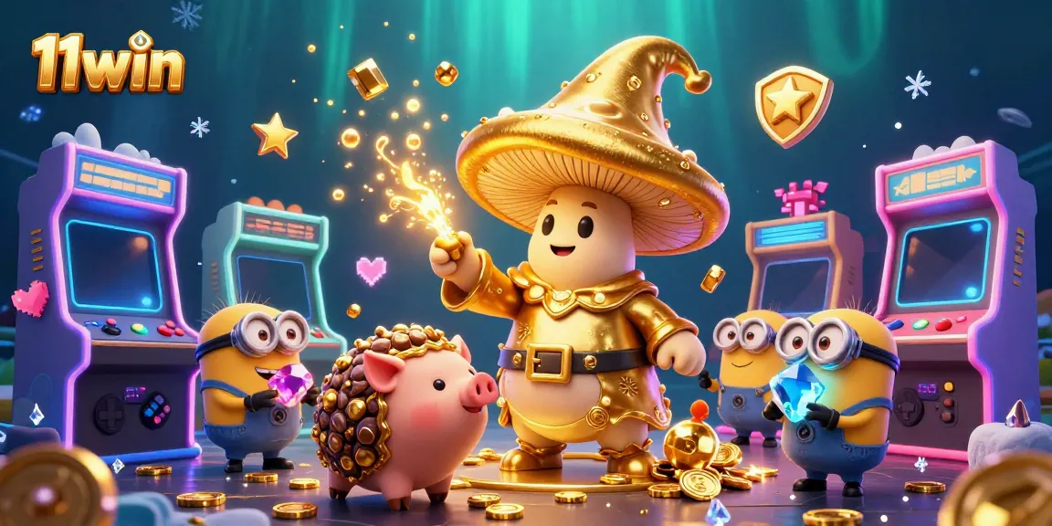 Experience the magic of 11win with a whimsical scene of a wizard, treasure, and arcade game elements.