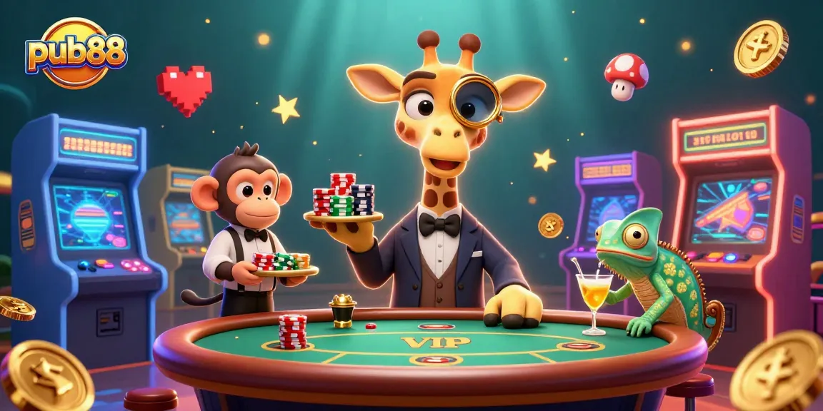 Engage in thrilling games at pub88 with a glamorous giraffe, serving cocktails and fun gaming.