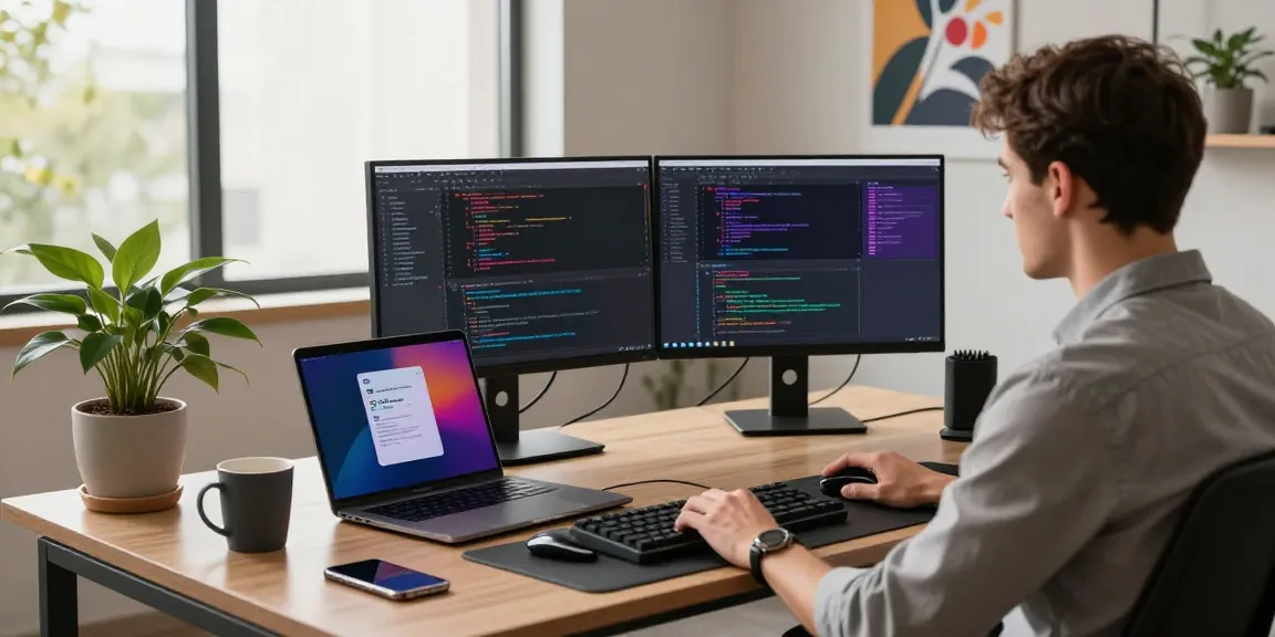 快连 app development scene in a modern tech workspace with coding setup, vibrant screens, and natural light.