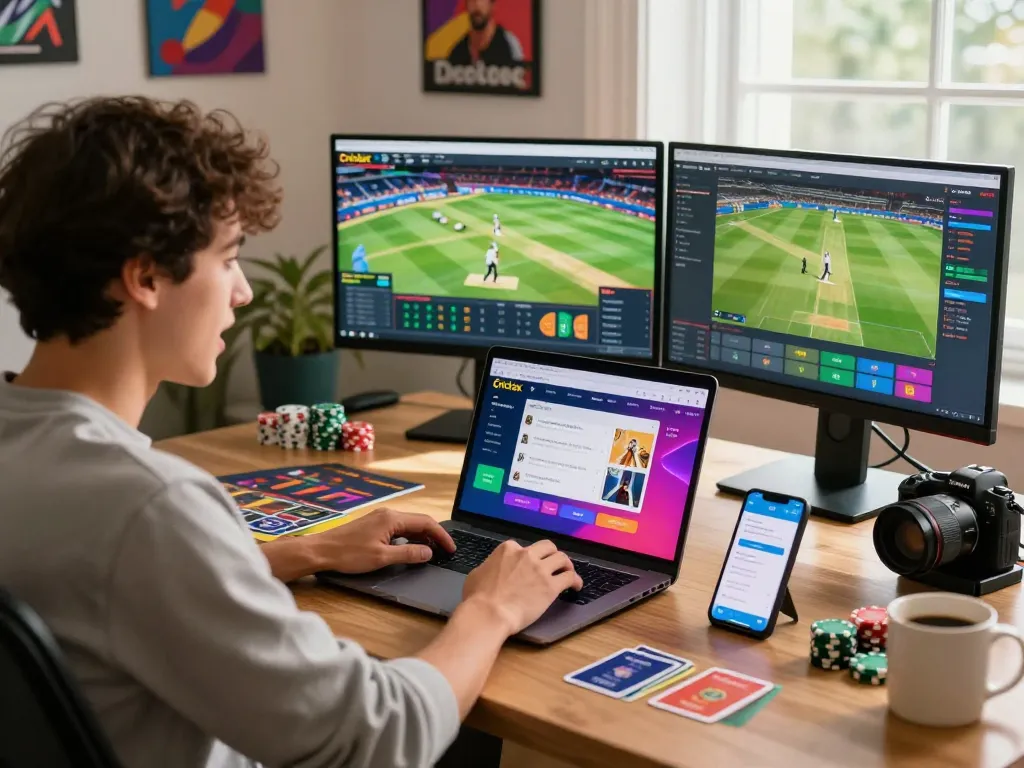 Engaged individual exploring Crickex affiliate opportunities on laptop, showcasing vibrant betting graphics in a modern home office.