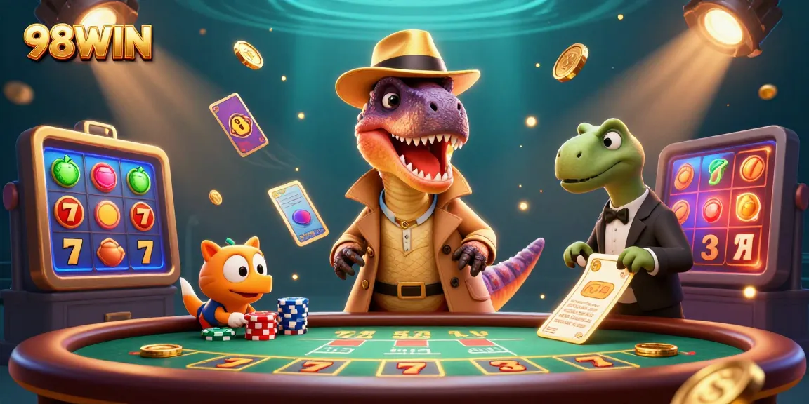 98WIN casino scene with a charismatic velociraptor card counter, colorful slot elements, and engaging interactions.