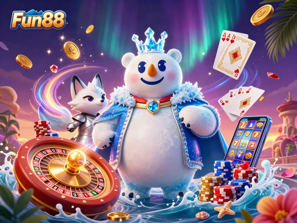 Spin your luck with Fun88 featuring a regal polar bear and snow fox in a vibrant casino scene.