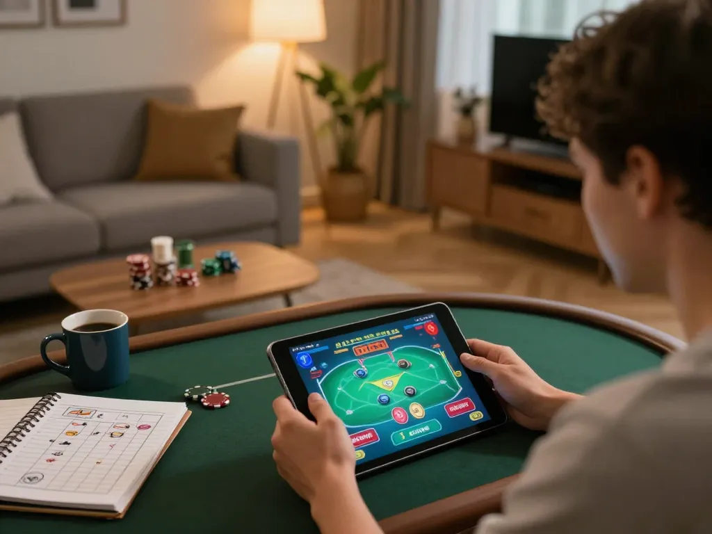 Engaged player utilizing llwin Download on tablet in cozy home setup, highlighting online gambling focus.
