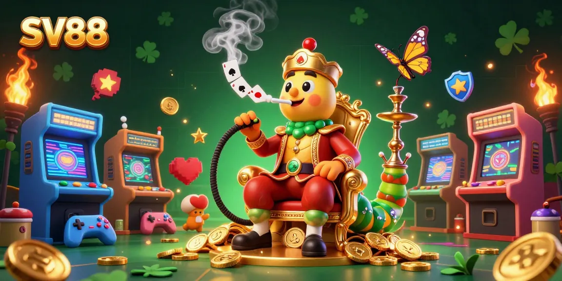 Engage with SV88's vibrant casino atmosphere, illustrated with a whimsical caterpillar master surrounded by gaming elements.
