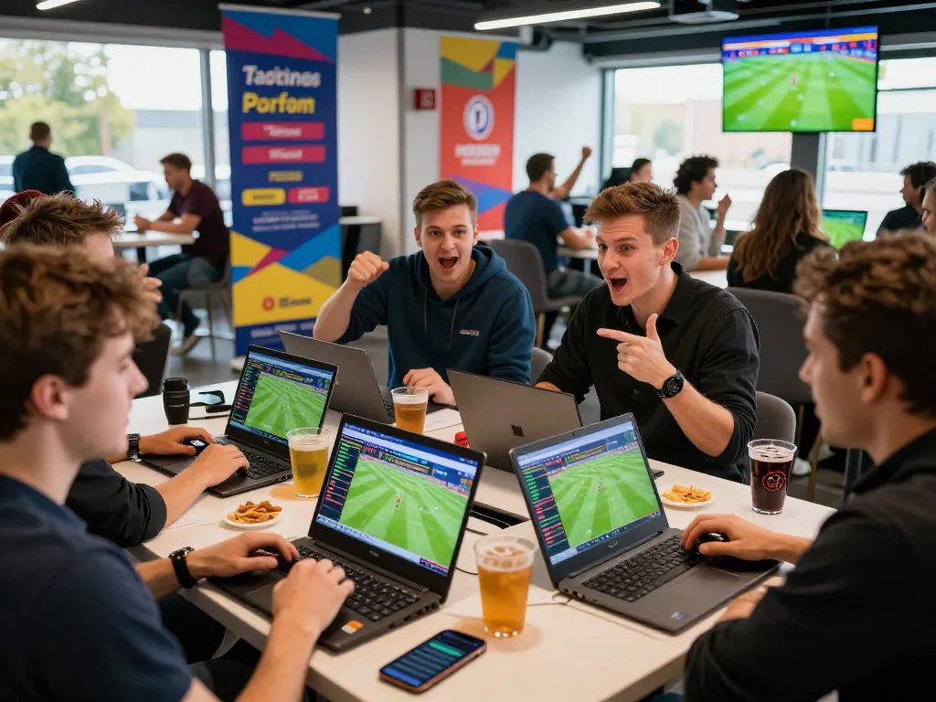 Kèo nhà cái TV scene showing friends engaging in sports betting analysis with multiple screens and betting platforms.