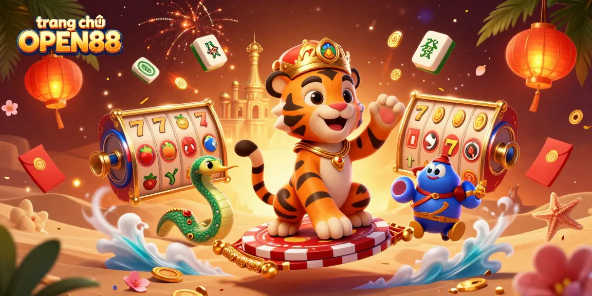 Engage in fun at trang chủ OPEN88 with a vibrant 3D casino-themed illustration featuring a tiger sultan.