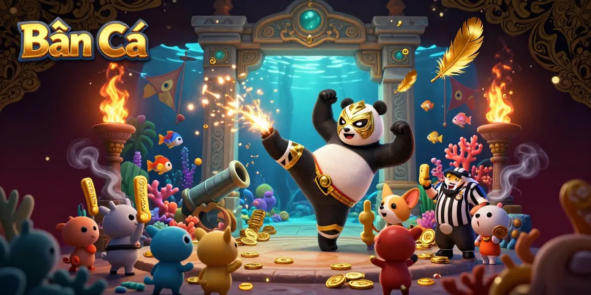 Bắn Cá gameplay with a panda wrestler in action, vibrant sea creatures and golden coins adds excitement.