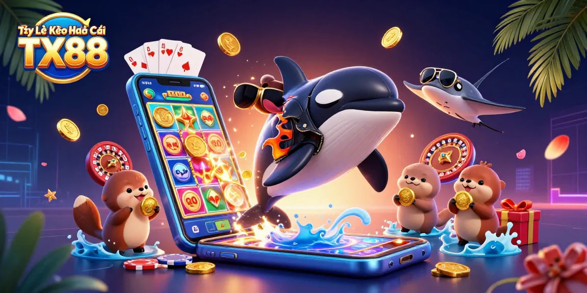 Tỷ Lệ Kèo Nhà Cái TX88 showcasing orca, stingray, and otters with casino elements