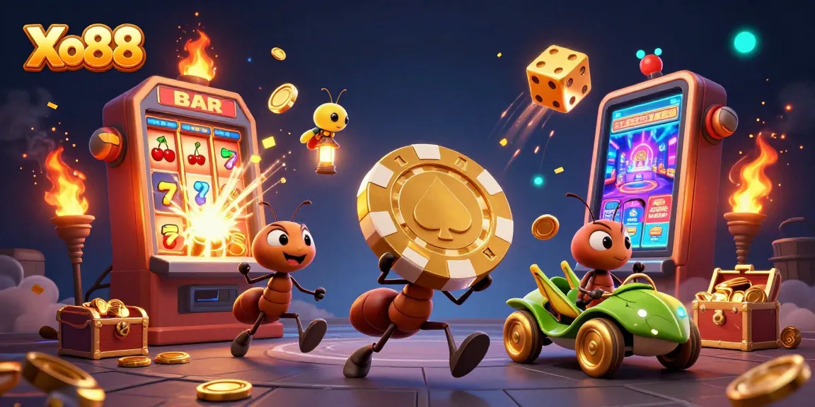 Engage with Xo88 as ants heist for gold in this vibrant casino scene filled with excitement.