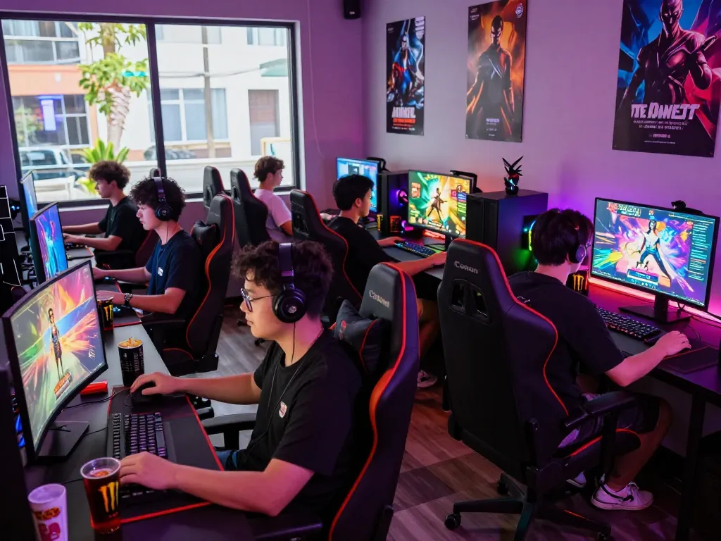 Players enjoying exciting online porn games in a lively gaming lounge with vibrant colors and gaming setups.