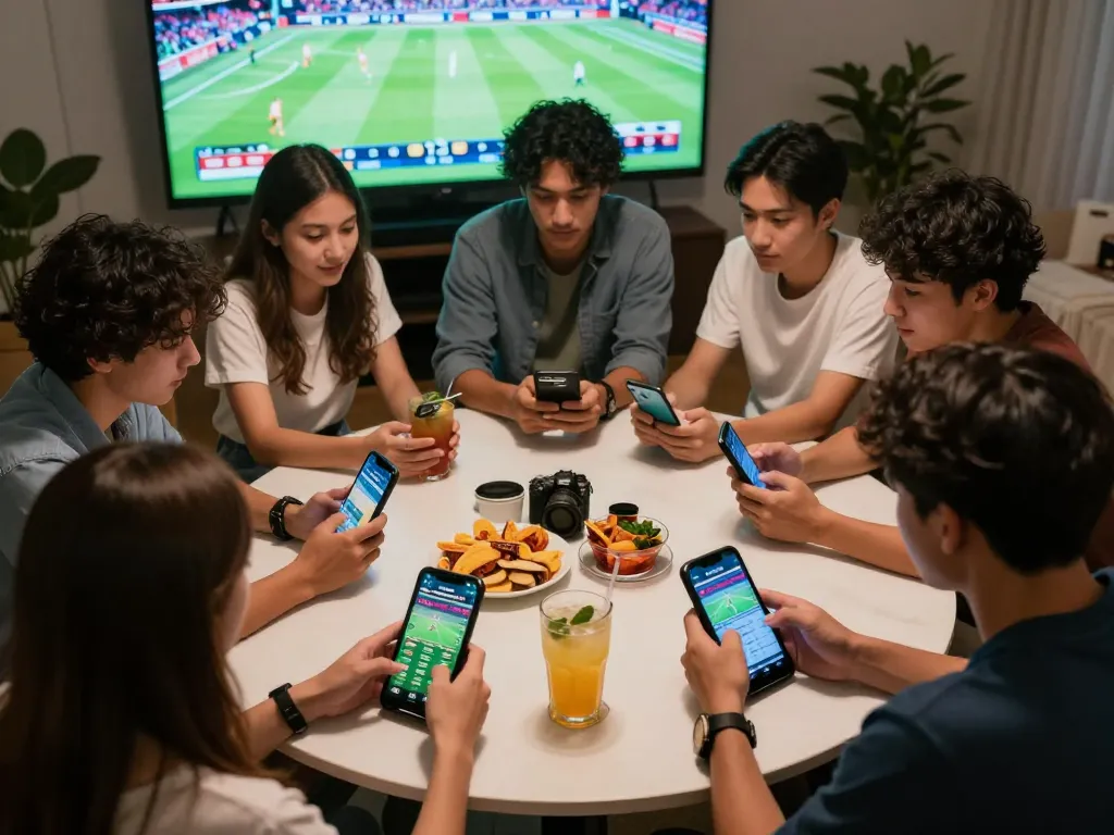 Engaged friends betting through the keonhacai tv app during a lively home sports night.