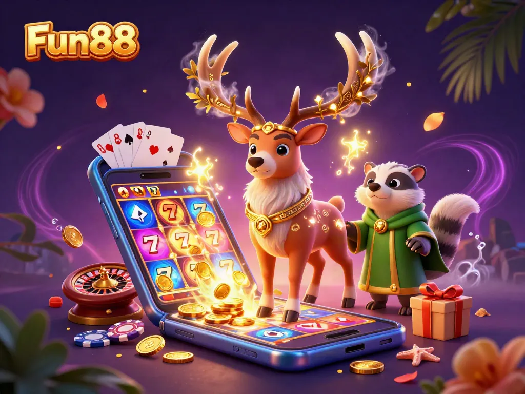 Engage with Fun88's dynamic gaming experience featuring a Celtic stag, gaming elements, and vibrant colors.