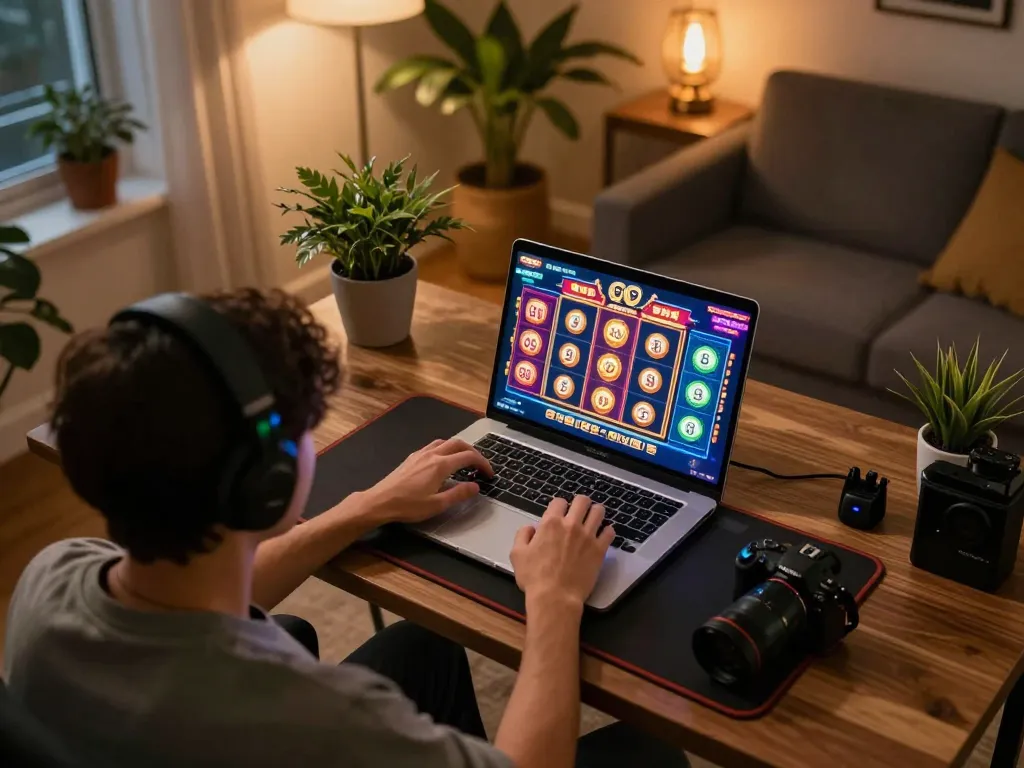 Person playing Go 99 online with vibrant graphics on screen, cozy home atmosphere.