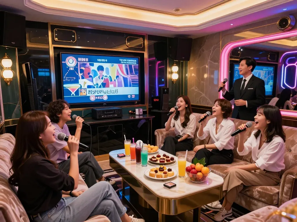 활기찬 분위기와 고급스러운 장식, 그리고 생동감 넘치는 상호작용 속에서 강남가라오케에서 특별한 밤을 즐기는 친구들.