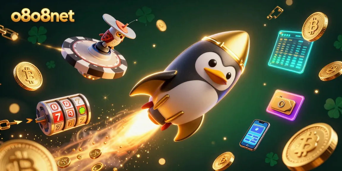 Engage with o8o8net's thrilling 3D casino adventure featuring golden penguins and crypto elements.