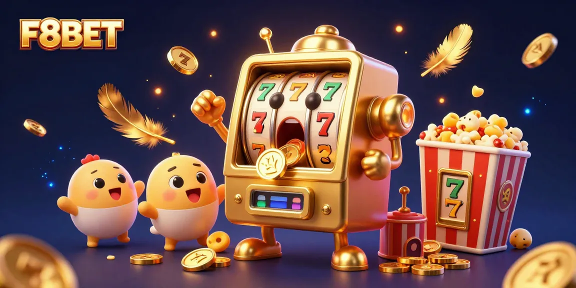 F8BET offers thrilling gaming experiences with a vibrant golden slot machine hitting jackpot, surrounded by cheering companions.