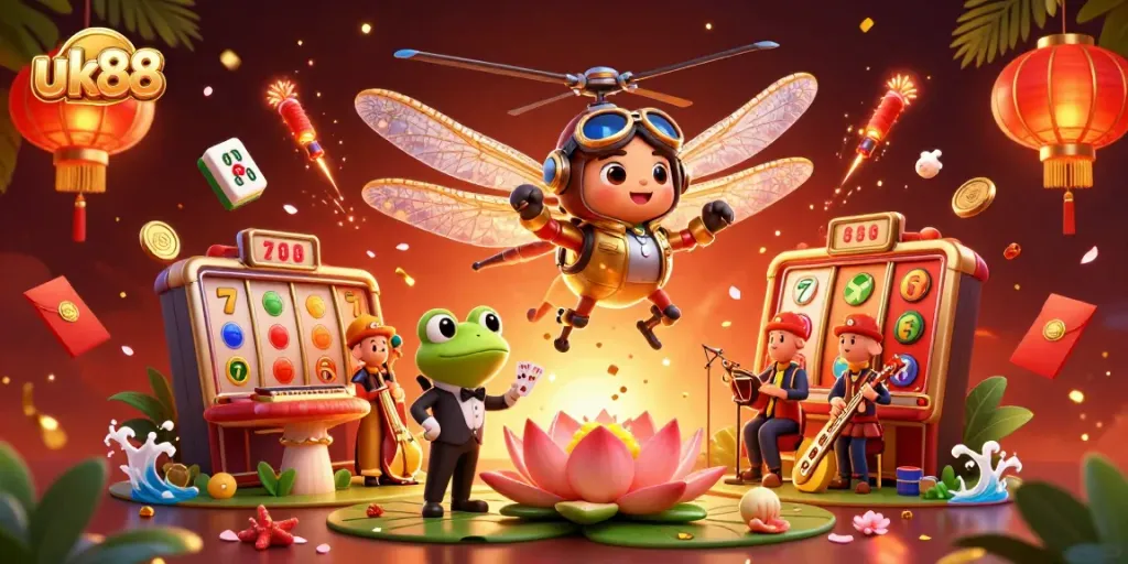 Engage with the uk88 online casino featuring a vibrant scene with a dragonfly pilot, frog dealer, and jazz musicians amidst slot symbols and colorful elements.
