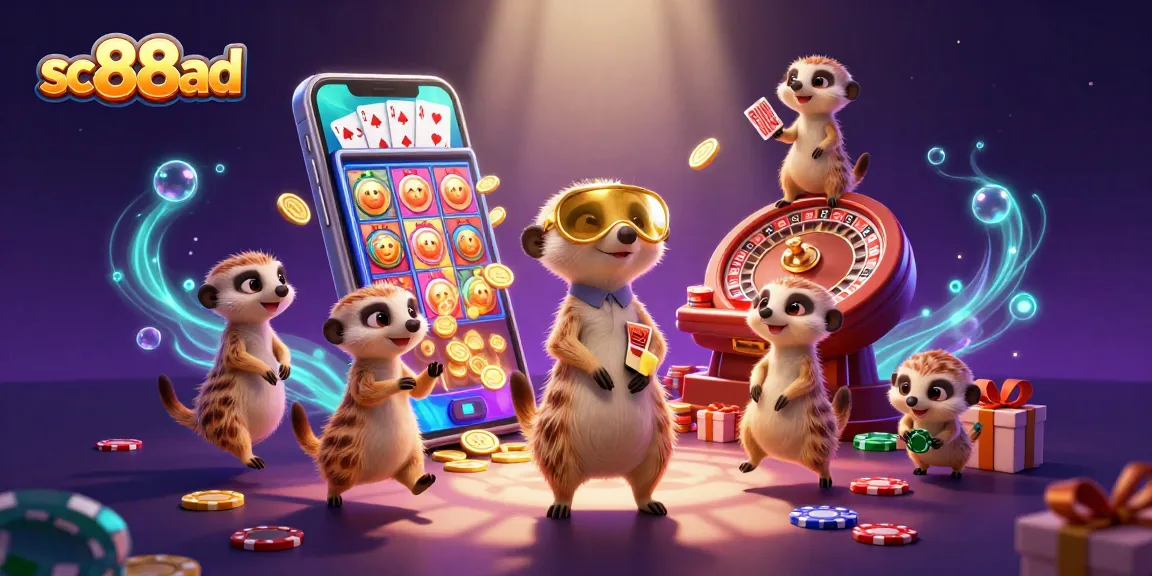 Exciting scene of meerkats in a colorful casino operation with sc88ad dynamic slot game elements.
