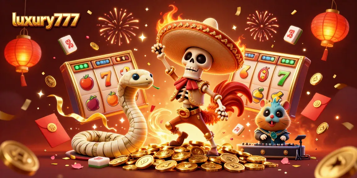 Celebrate big wins with luxury777's thrilling slot games, featuring vibrant characters and festive visuals.