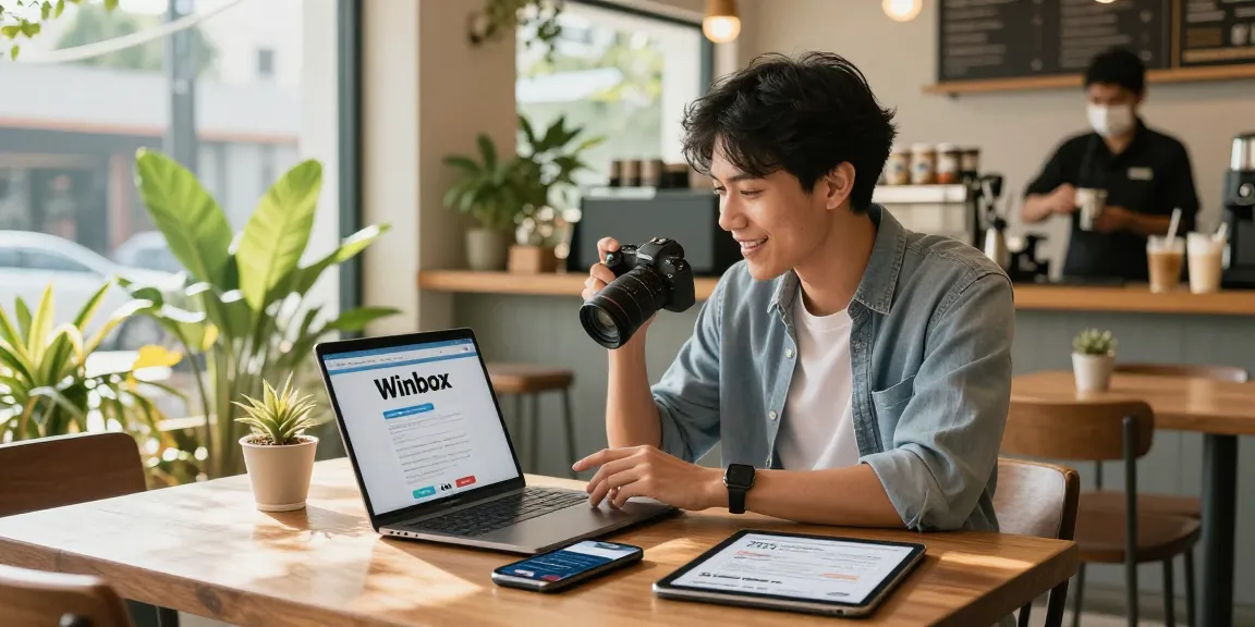 Winbox Together agent promoting passive income in a lively café setting