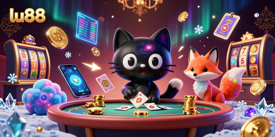 Win big at lu88 with a cosmic casino scene featuring a black hole cat and nebula fox.