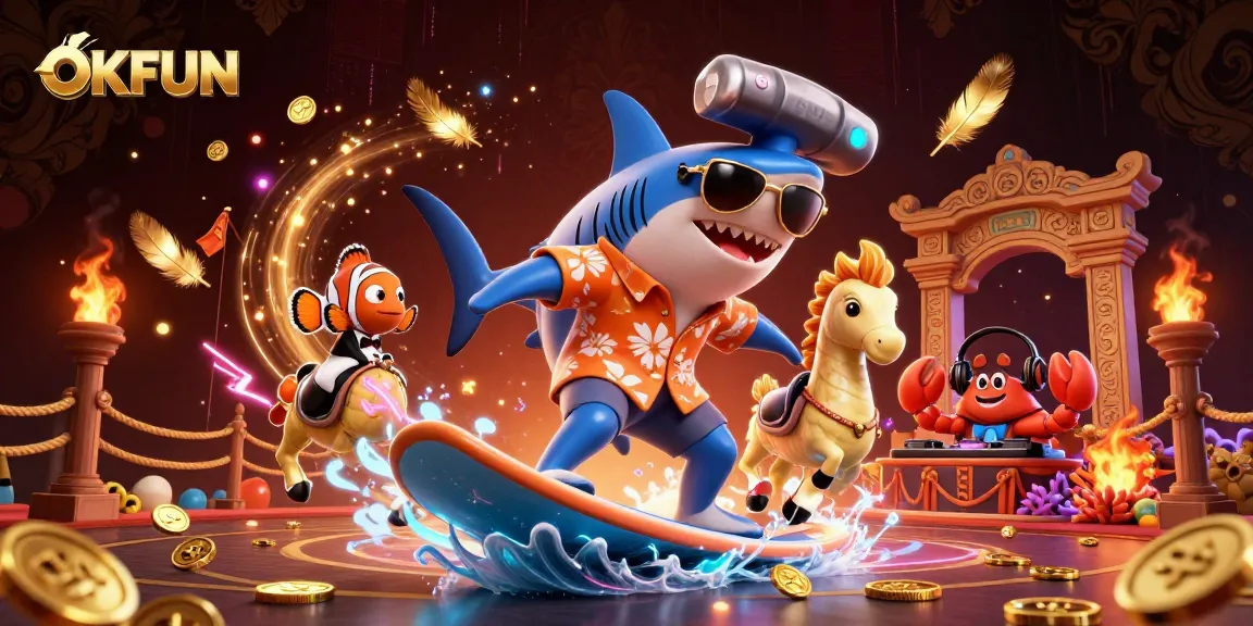 Engage with OKFUN’s thrilling adventure featuring vibrant gaming elements and lively characters in a dynamic casino setting.