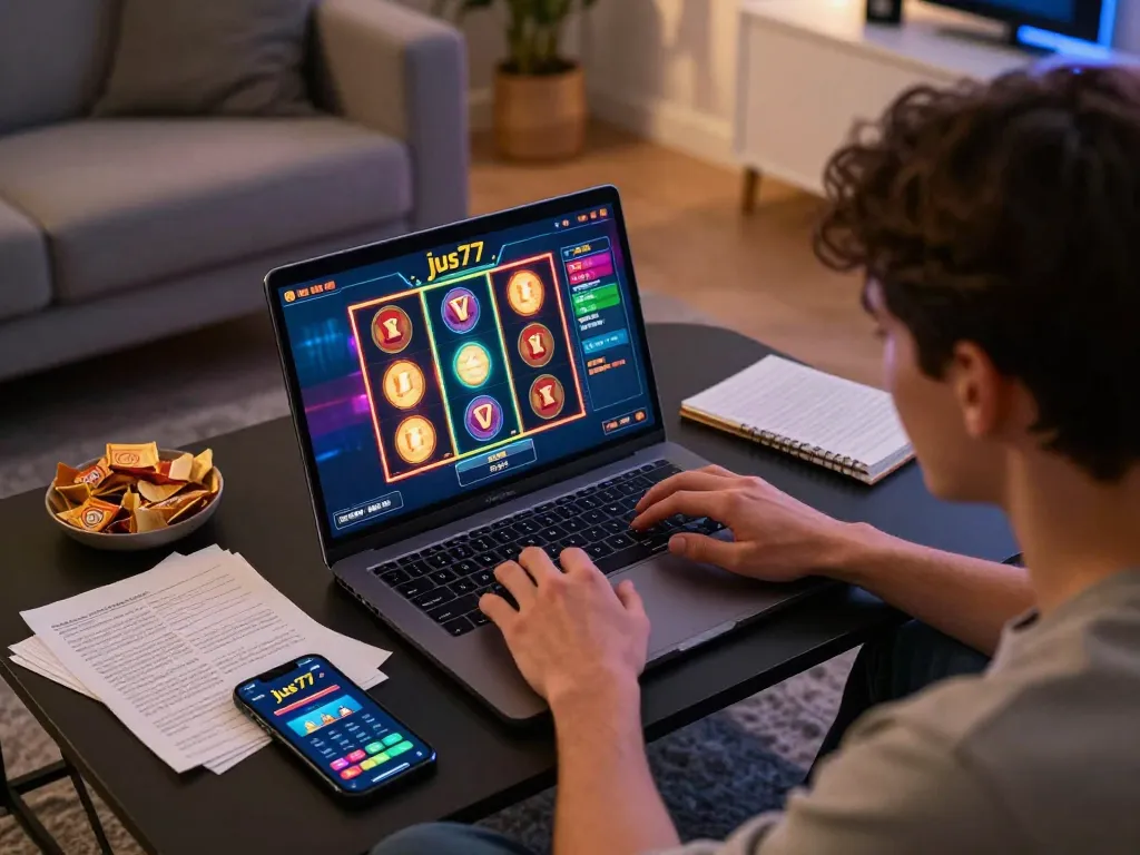 Experience thrilling gameplay on jus77 with a player engaging in online slot games at home.