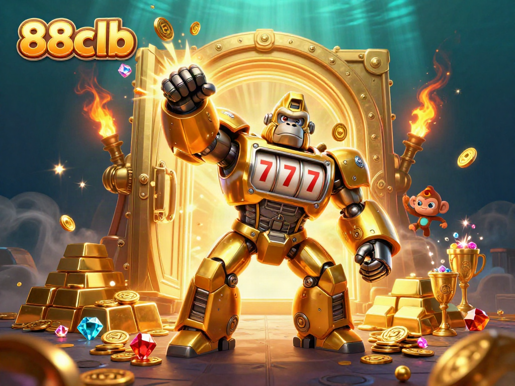 Experience excitement and magic with 88clb in a thrilling 3D casino illustration showing golden gorilla mech!