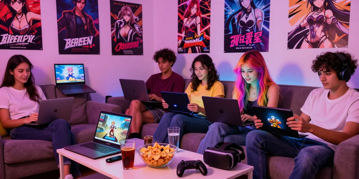 Friends playing hentai games on laptops and tablets during a cozy gaming night.