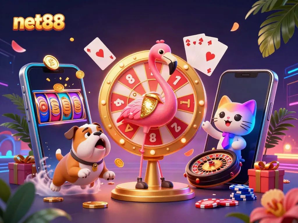 Engage in thrilling games with net88's vibrant casino scene featuring fun characters and exciting game elements.