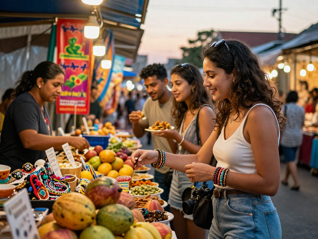 Scena di mercato vivace con persone che esplorano siti non AAMS sicuri e prodotti artigianali durante il crepuscolo.