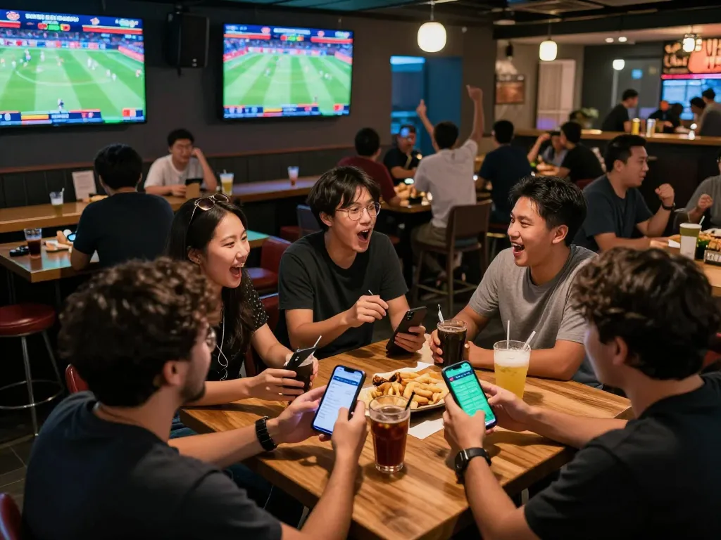 Fans engaged in live sports betting with excitement at a keonhacai venue.