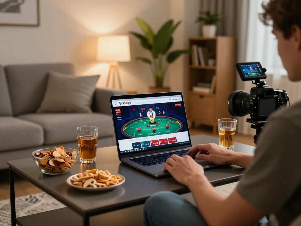 Player enjoying online gambling on 888bgo in cozy home setting with snacks.