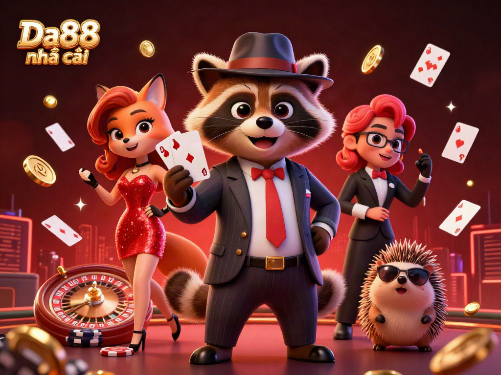 Experience the thrilling world of Da88 nhà cái with a cartoon raccoon winning a royal flush in a vibrant casino setting.