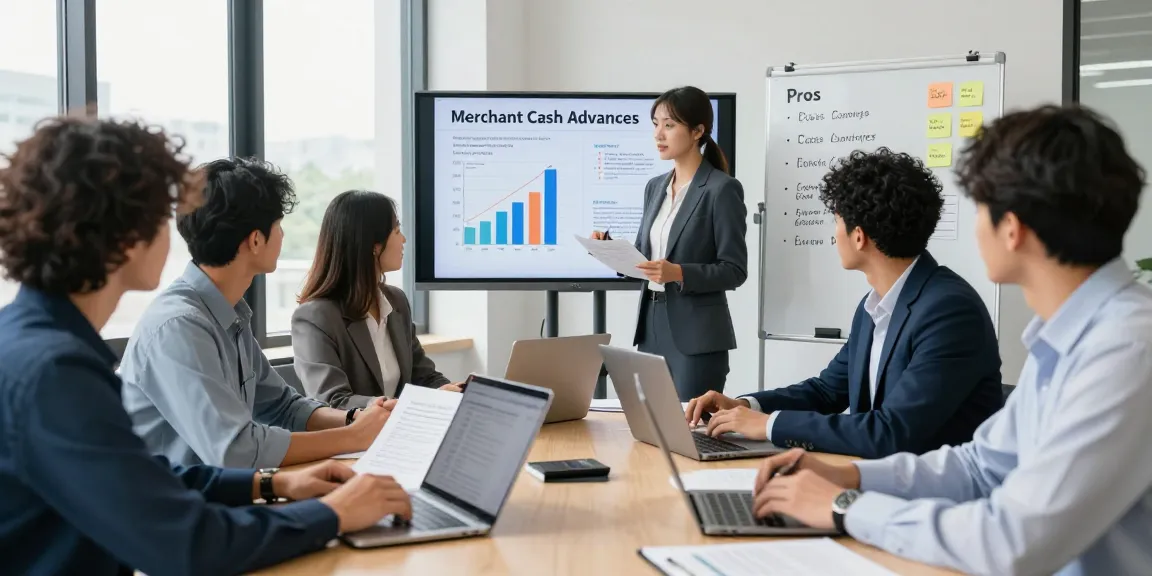 Business discussion on merchant cash advance pros and cons in a collaborative office environment, showcasing diverse owners reviewing financing options.