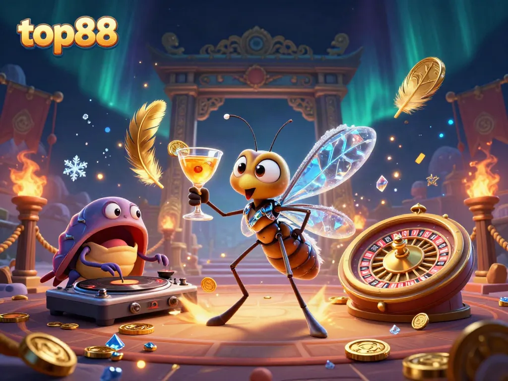 Experience top88 with a vibrant 3D casino scene of a mosquito mascot, DJ trilobite, and roulette wheel.