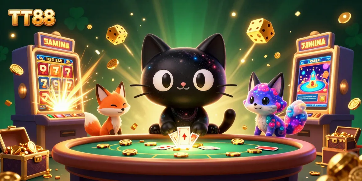 Experience high-stakes gaming at TT88 with a cartoon black hole cat and a cosmic casino atmosphere.