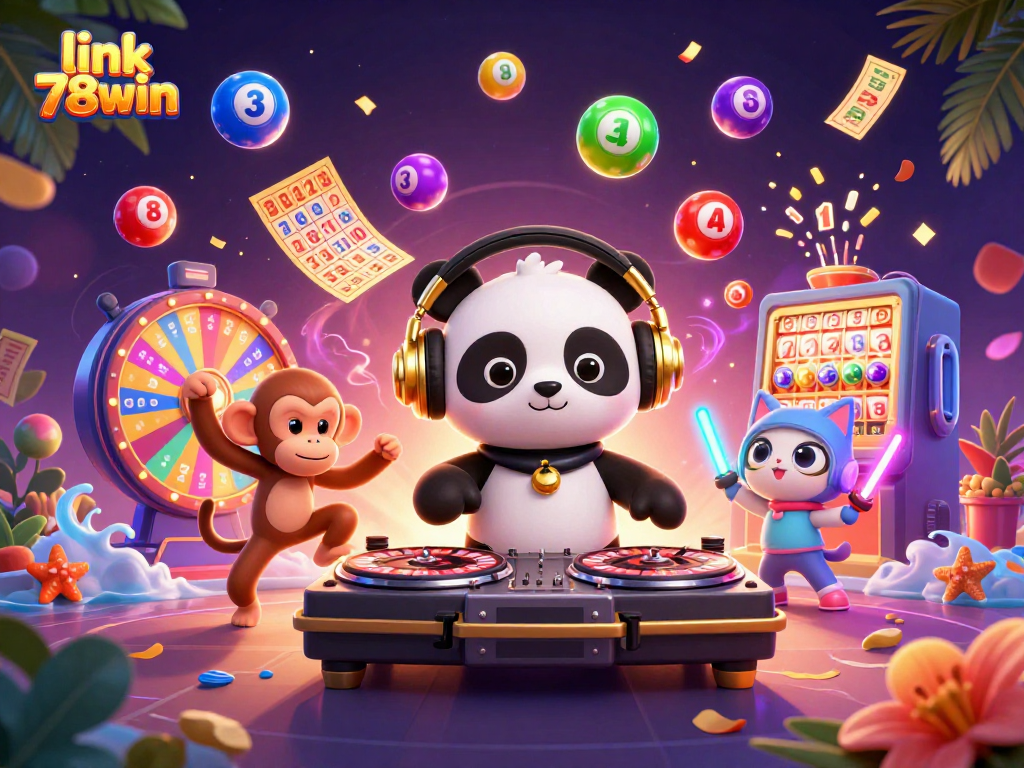 Experience vibrant gameplay at link 78win with a lively 3D casino illustration showcasing a DJ panda and friends.