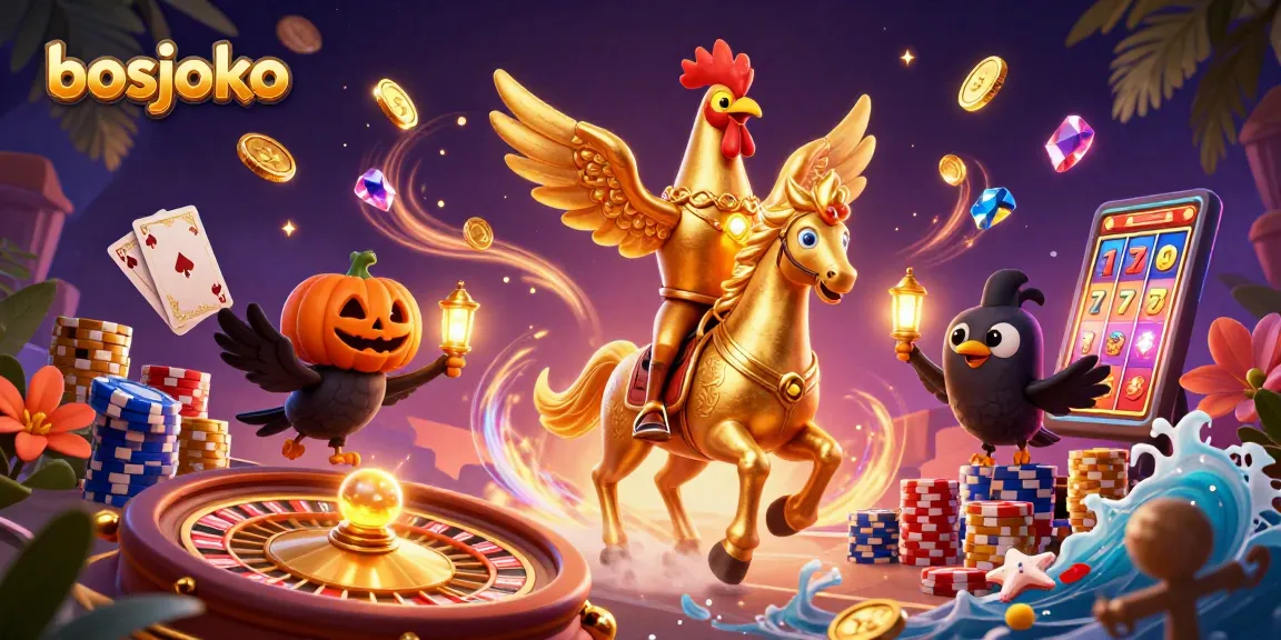 Bermain di bosjoko dengan slot gacor dan jackpot terbesar, sambil dikelilingi koin emas dan gem sparkling.