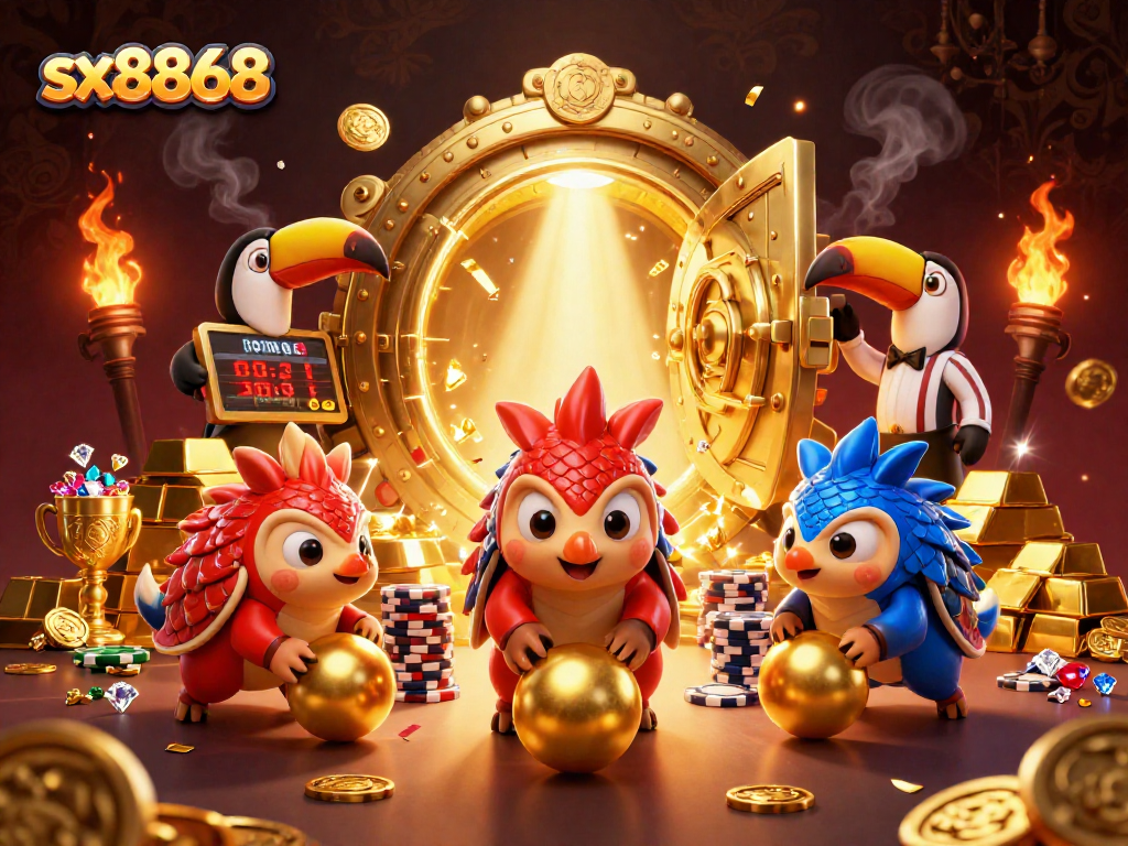 Catch the excitement at sx8868 as rival pangolins bowl through poker chips in a vibrant casino scene.