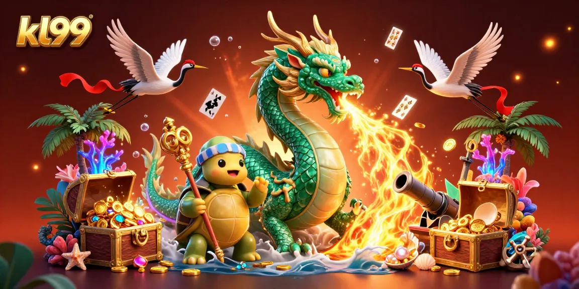 Experience thrilling games at kl99 with a dynamic scene featuring a jade dragon and lucky cranes.