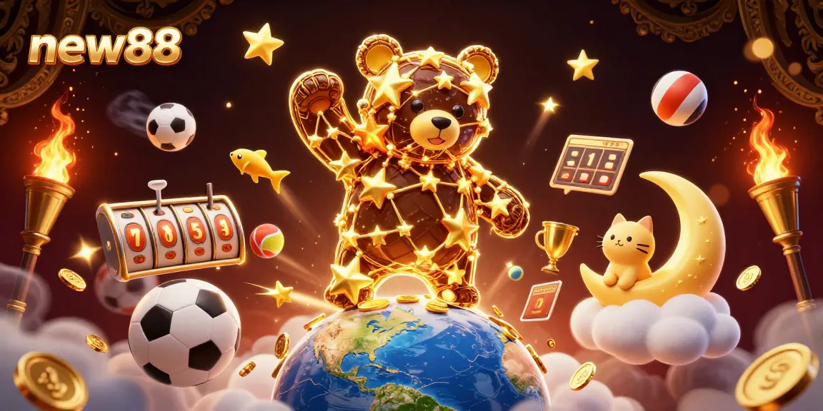 Win big with slots and jackpots at new88, featuring a vibrant casino scene with golden elements.