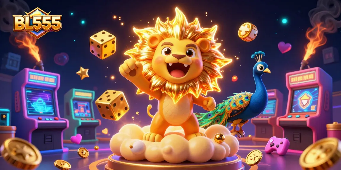 Witness the spirited lion of BL555 as it roars amidst vibrant casino elements and golden dice.