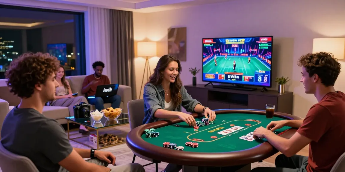 Engaging friends enjoying online games at iwin in a luxurious living room.